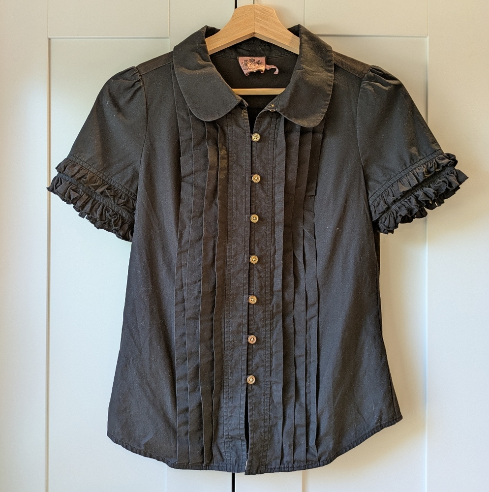 Juicy Couture Black Ruffled Button Down Shirt with Peter Pan Collar